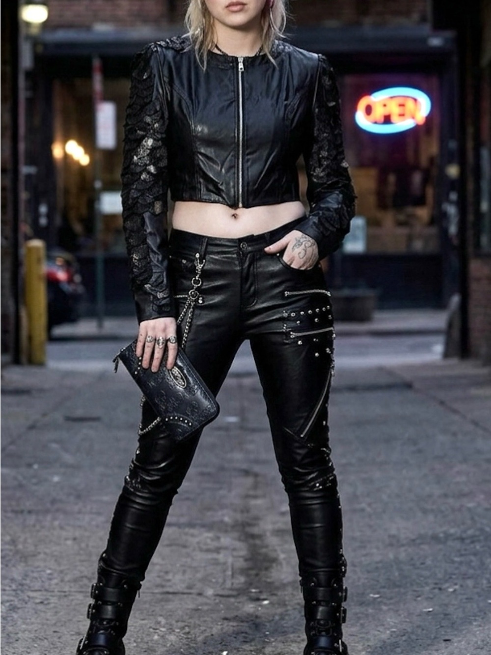 AZALEA WANG MOTO BIKER JACKET XS/S CROPPED FAUX LEATHER GRUNGE PUNK STREETWEAR